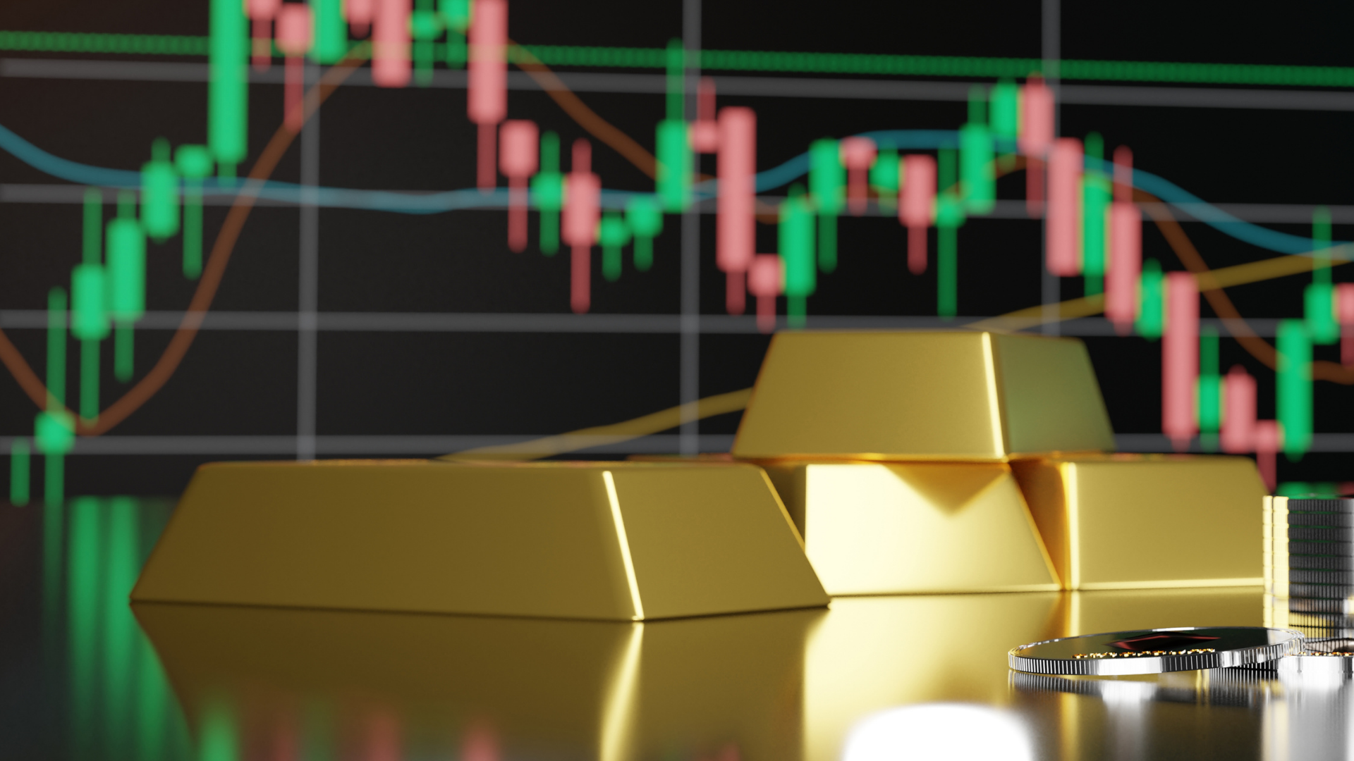 Barres d’or et graphique boursier