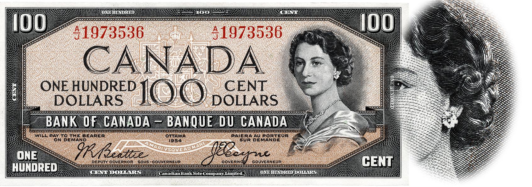 Billet de 100 $ canadien « visage du diable » de 1954 avec gravure agrandie