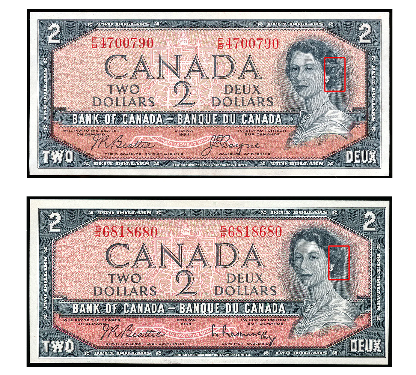 Comparaison de billets canadiens de 2 $ de 1954, l’un « visage du diable » et l’autre « portrait modifié »